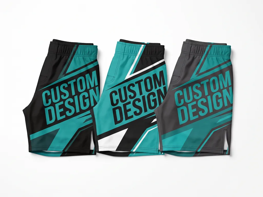 Youth academy MMA shorts in three colourways with a CUSTOM DESIGN leg print, laid in a row