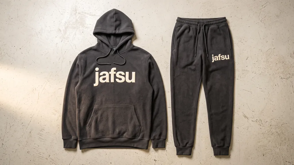 Matching hoodie and joggers from a custom puff print streetwear factory, cut from one dye lot
