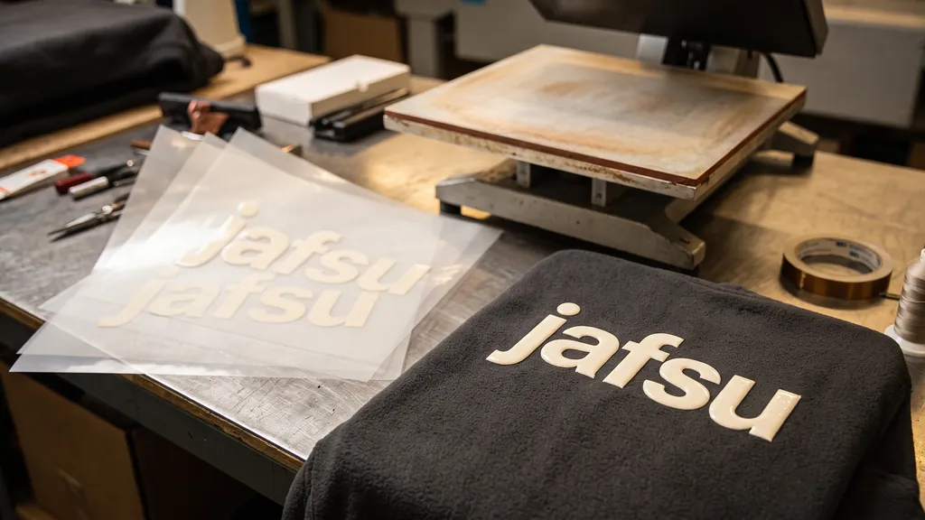 Custom puff print transfers on a carrier sheet next to a heat press and a finished raised print