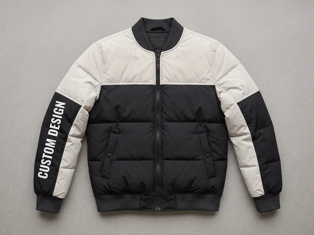 Colour-block puffer bomber in black and stone with rib collar and hem and a CUSTOM DESIGN sleeve print, laid flat
