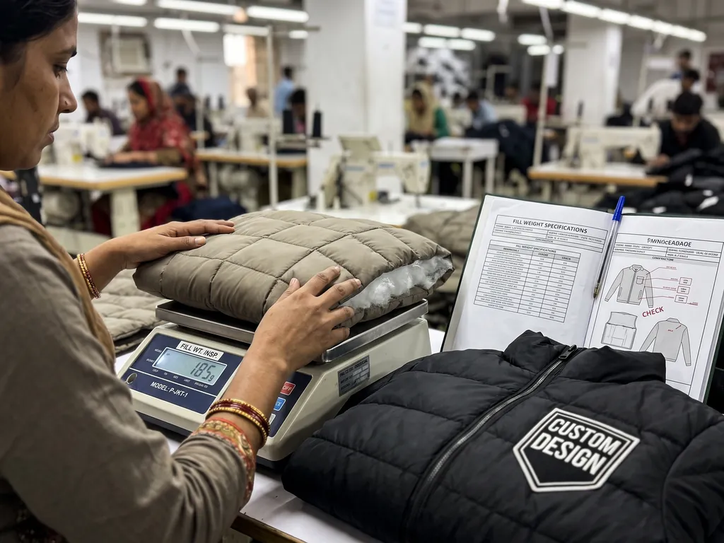 Quilted puffer panel weighed at 185 g on a bench scale beside a fill weight specification sheet during inspection