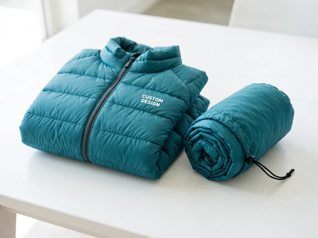 Teal lightweight packable puffer jacket folded beside its rolled pack bag, with a small CUSTOM DESIGN chest print