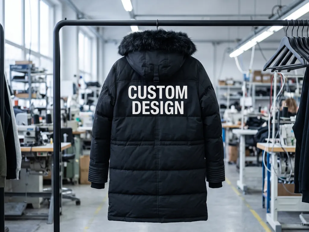 Longline black puffer parka with a fur-free hood trim and a large CUSTOM DESIGN back print, hanging on a rail in the factory