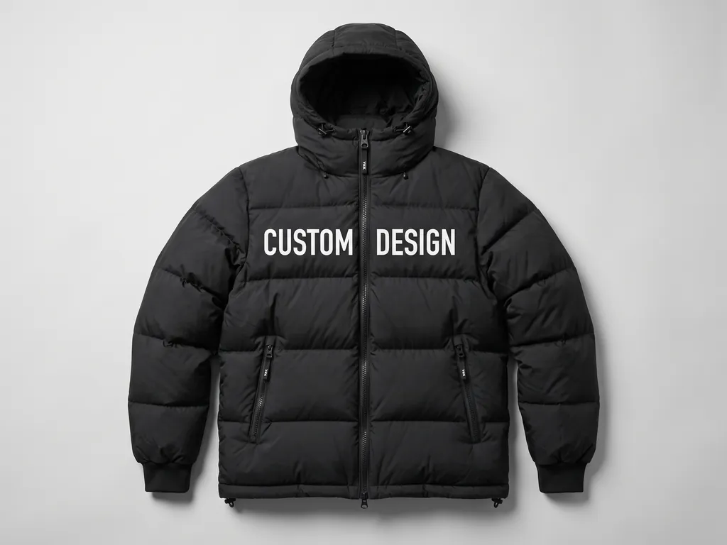 Men's black hooded puffer jacket with YKK zips and a bold CUSTOM DESIGN chest print, made by a men's puffer jacket manufacturer