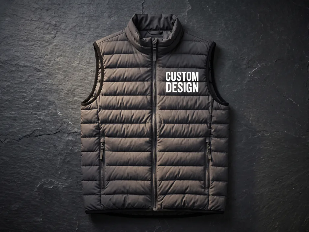 Grey quilted puffer gilet with bound armholes, zip pockets and a CUSTOM DESIGN chest print, laid on dark slate