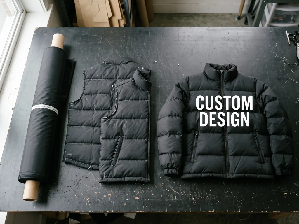 Black ripstop shell roll, cut quilted panels and a finished CUSTOM DESIGN puffer jacket on a cutting table at a custom puffer jacket manufacturer