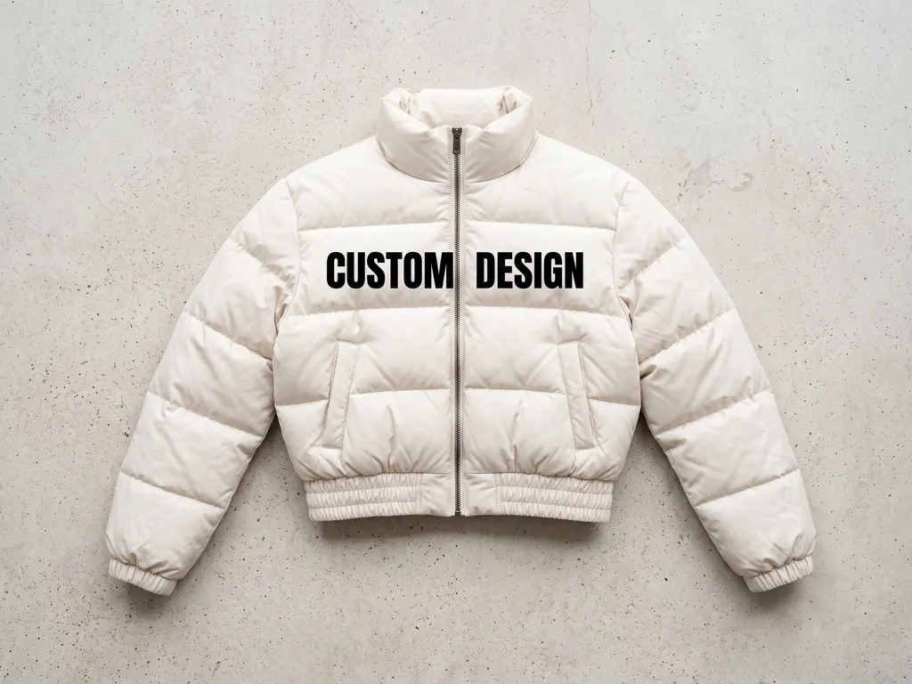 Women's cropped off-white puffer jacket with an elasticated hem and a bold CUSTOM DESIGN chest print from a lady's puffer jacket manufacturer