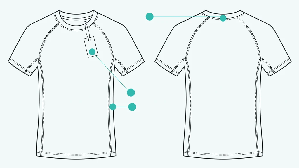 Diagram of rash guard label positions: neck label at the inside centre back neck, care label in the side seam and swing tag at the collar