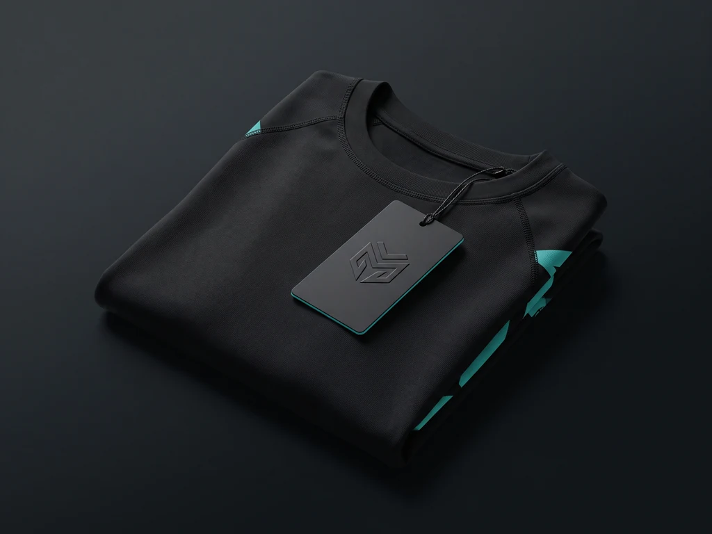 Embossed card swing tag attached with string to a folded black MMA rash guard