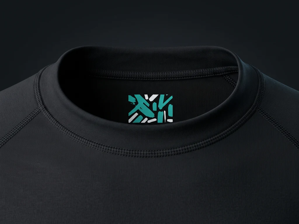 Tagless printed neck label inside the back neck of a four-way stretch BJJ rash guard