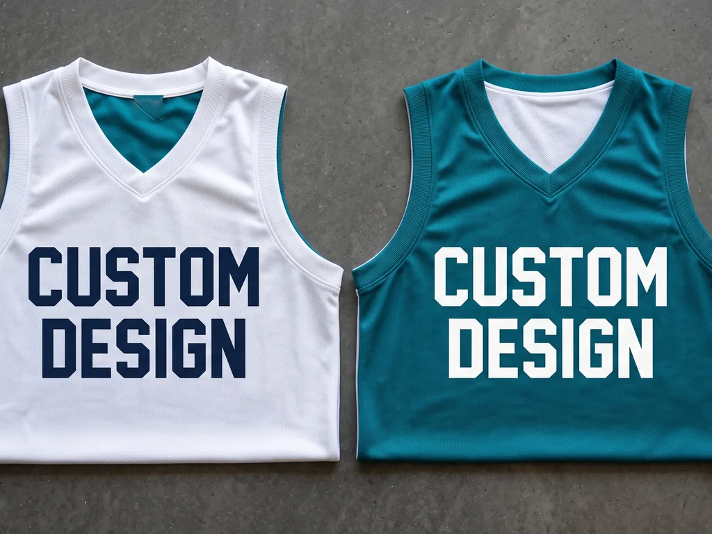 Custom reversible basketball uniforms shown white side and teal side, both carrying the same CUSTOM DESIGN graphic
