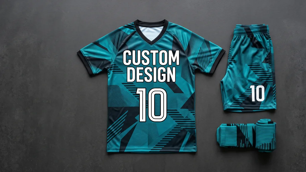 Custom soccer uniform kit laid flat — sublimated jersey with a CUSTOM DESIGN front, matching shorts and socks
