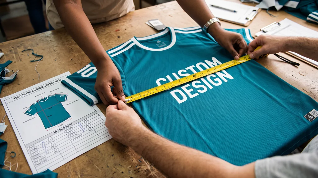 Hands measuring the chest width of a finished custom soccer jersey against a tech pack during inspection