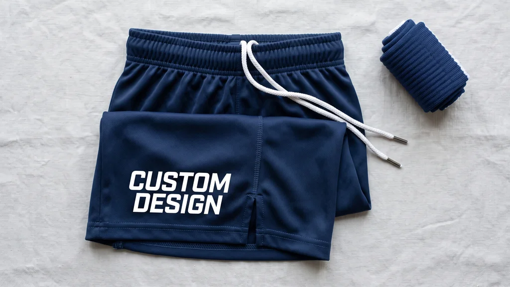 Custom soccer shorts with elastic drawcord waist and a CUSTOM DESIGN leg print, folded flat