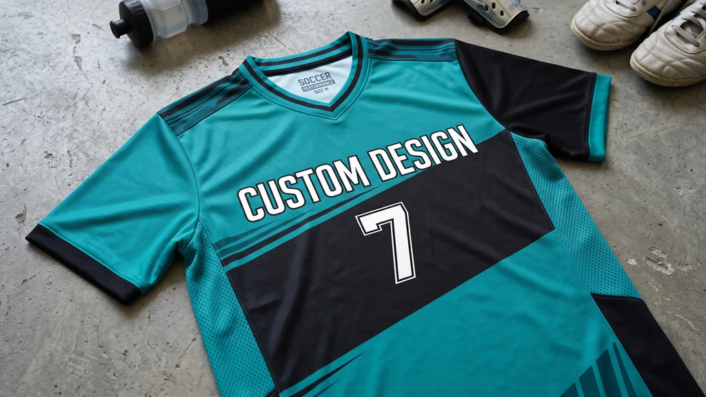 Sublimated men's soccer jersey with a bold CUSTOM DESIGN front graphic and squad number