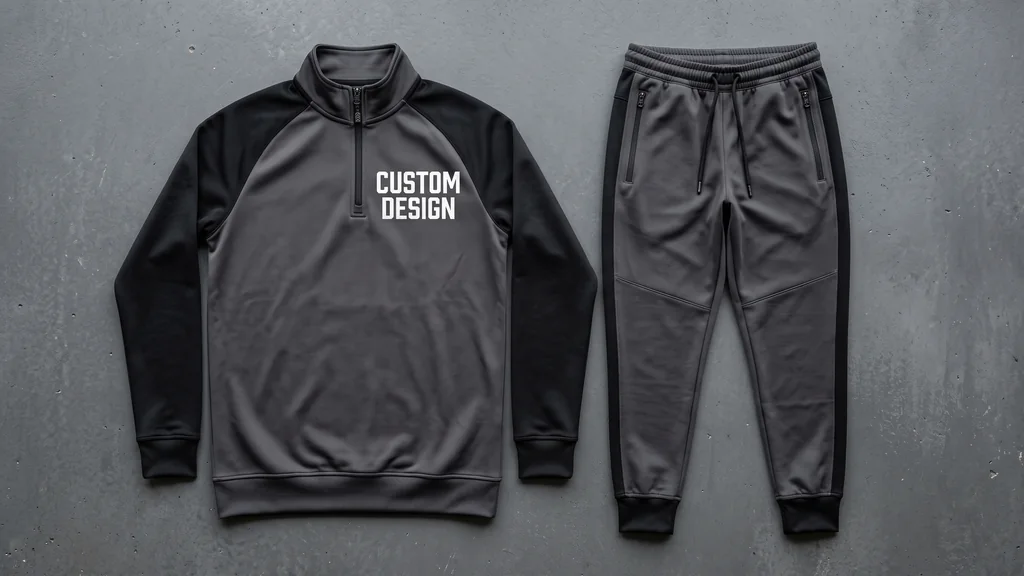 Soccer training quarter-zip top and track pants with a CUSTOM DESIGN chest print, laid side by side