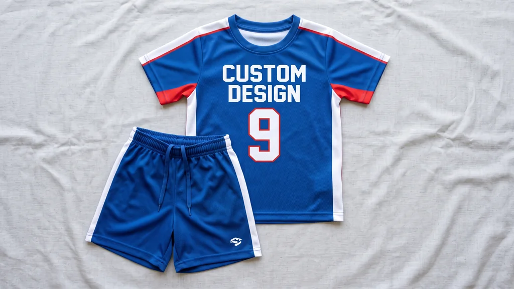 Youth soccer uniform jersey and shorts in a junior size with a CUSTOM DESIGN club graphic