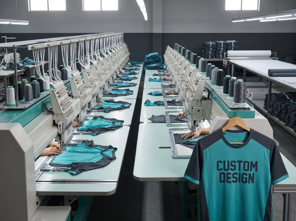 Sublimated team jerseys running through the embroidery line at a custom sports uniform manufacturer, with a CUSTOM DESIGN kit on the hanger