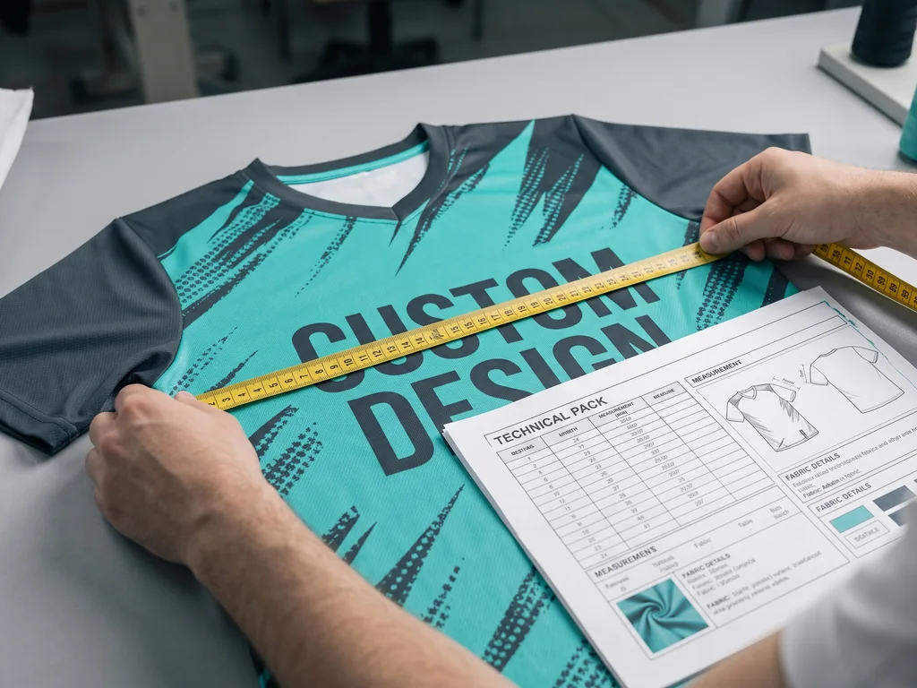 Hands measuring the chest width of a finished sports jersey against a tech pack during inspection
