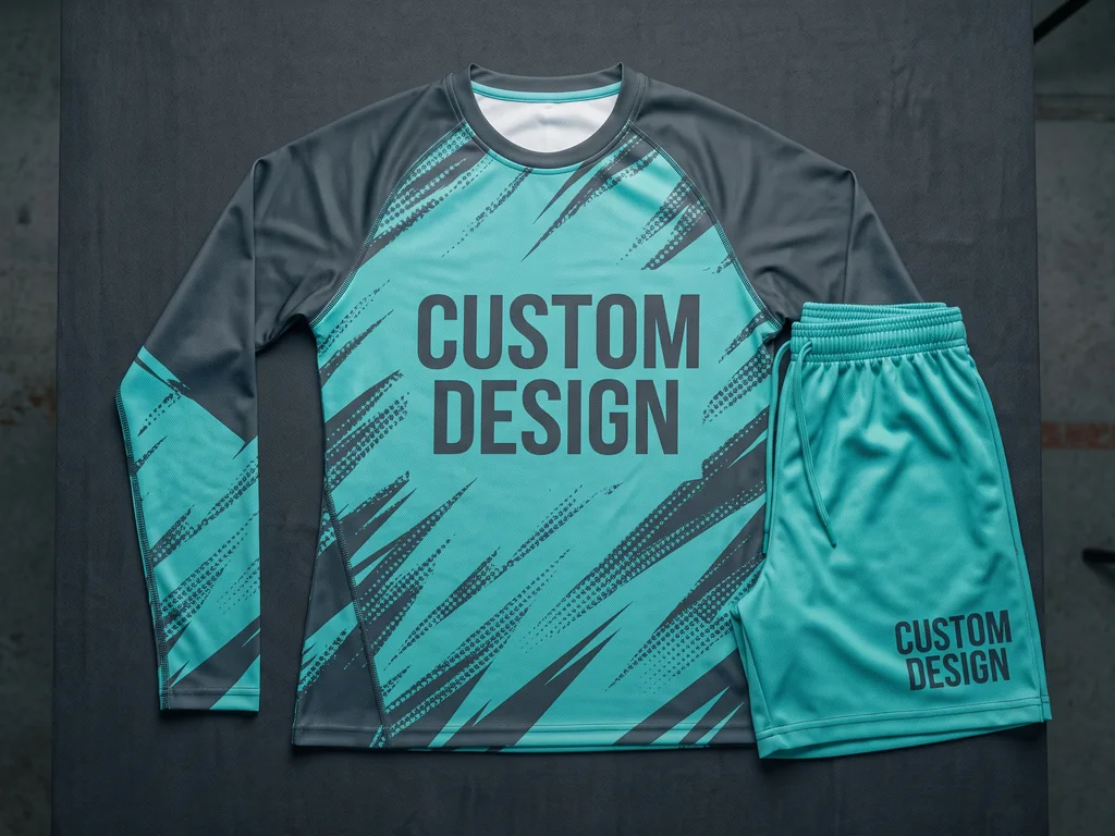 Match shorts and a compression base layer top with a CUSTOM DESIGN print, laid flat side by side