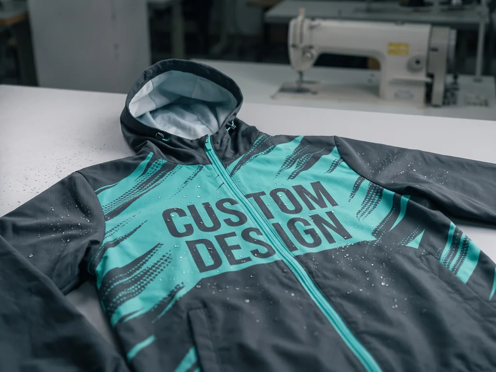 Sideline windbreaker jacket with a CUSTOM DESIGN chest print at the finishing table