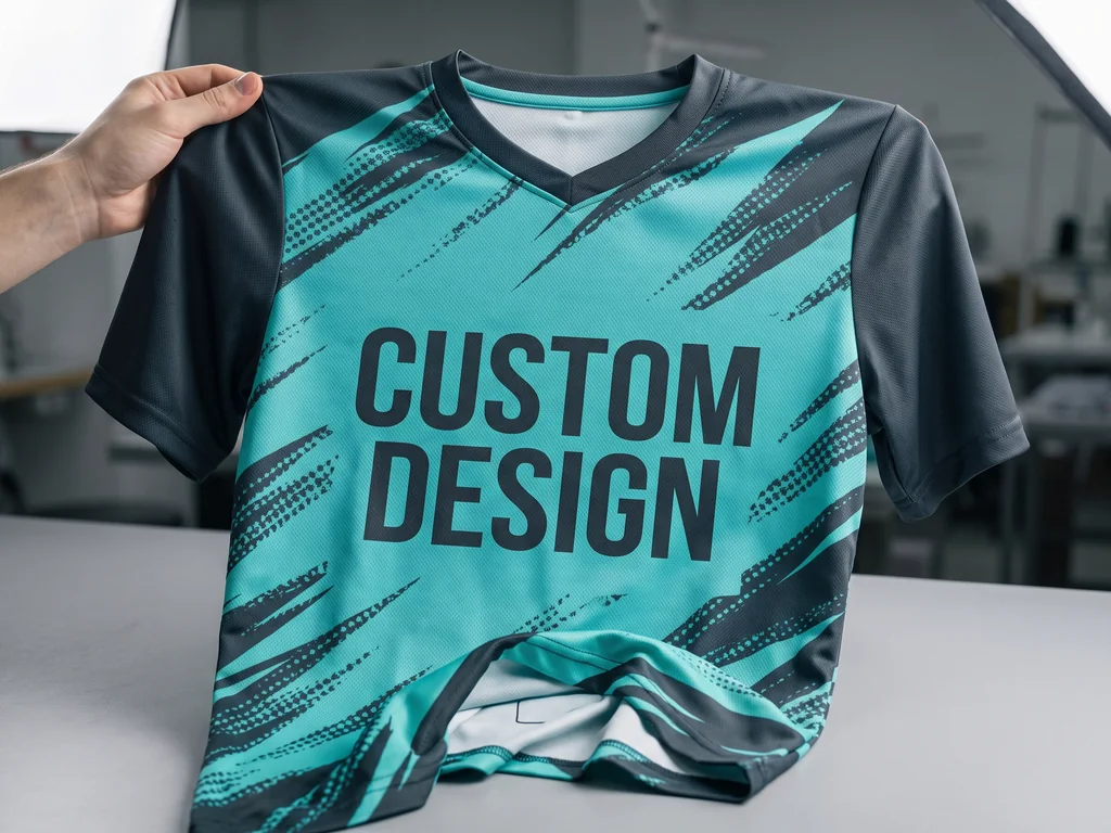 Sublimated polyester playing jersey with a bold CUSTOM DESIGN chest print made by a custom sportswear manufacturer