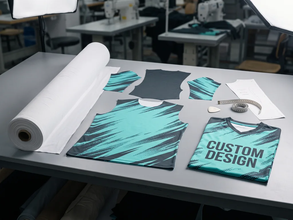 Printed sublimation panels beside a finished custom jersey showing what a sportswear manufacturer builds from the fabric roll