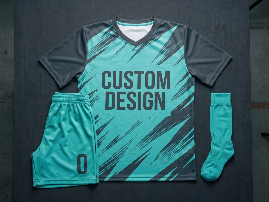 Matching custom team uniform shirt and shorts with a CUSTOM DESIGN print laid out as a full kit