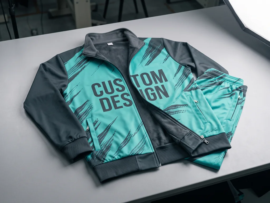 Micro-poly tracksuit jacket and pants with a CUSTOM DESIGN chest print, folded as a warm-up set