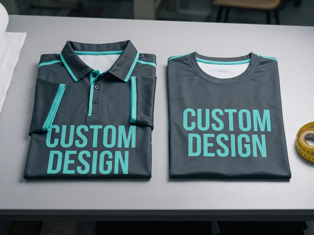 Performance training polo and tee with a CUSTOM DESIGN chest print, folded flat on a cutting table
