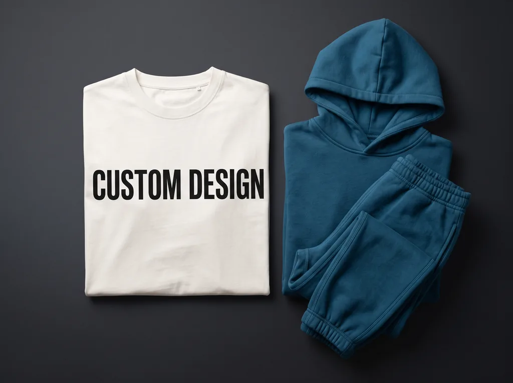 Folded combed cotton t-shirt with a CUSTOM DESIGN print beside a matching hoodie and jogger tracksuit set