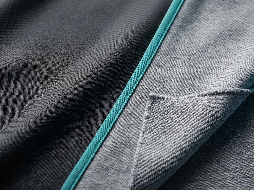 Tracksuit fabric close-up: smooth performance knit beside French terry loopback in charcoal and teal