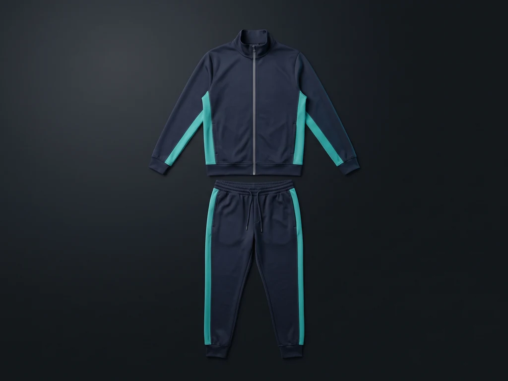 Custom tracksuit flat-lay: navy zip jacket and tapered track pant with teal side panels, made to order by Jafsu Enterprises