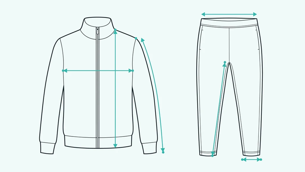 Tracksuit measurement diagram: chest, body length, sleeve, waist, inseam and leg opening points