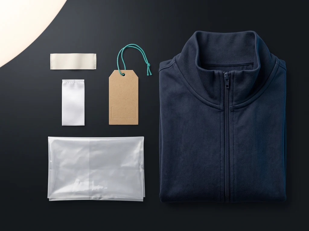Private label trims: blank woven neck label, satin wash tag, embossed swing tag and polybag