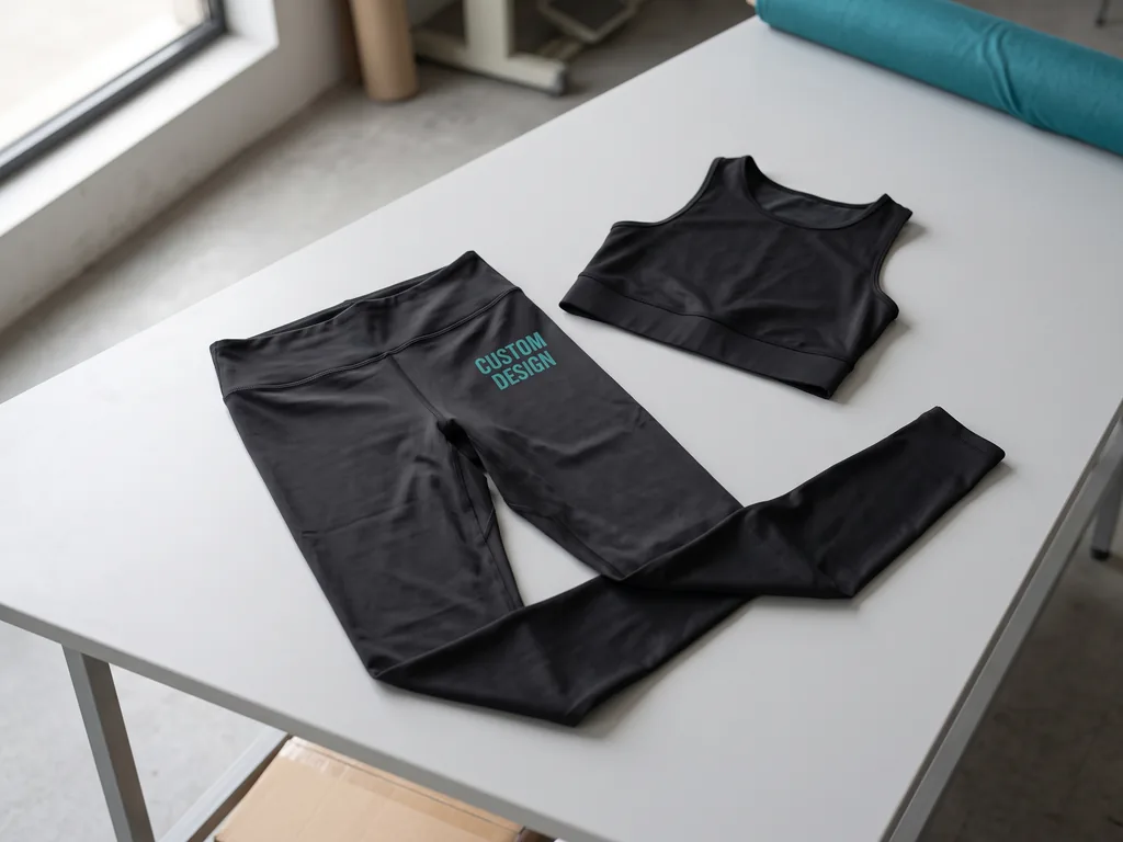 Four-way stretch gym leggings and matching top carrying a CUSTOM DESIGN print, laid flat for inspection