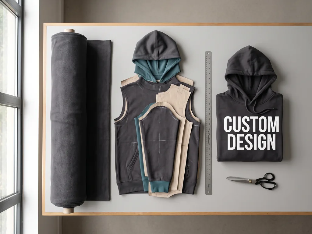 Fabric roll, cut panels and a finished custom hoodie showing what a cut and sew clothing manufacturer builds from scratch