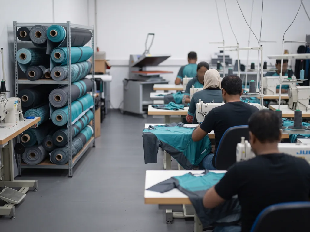 Sewing line and fabric roll racks inside the Jafsu Enterprises cut and sew clothing manufacturer floor in Sialkot