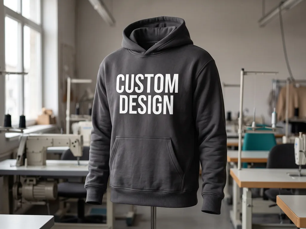 Custom heavyweight charcoal fleece hoodie with a bold CUSTOM DESIGN chest print made by a cut and sew clothing manufacturer
