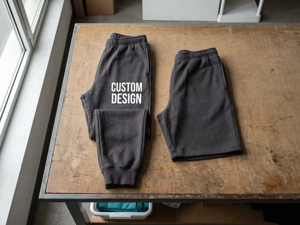 Tapered fleece joggers and matching shorts with a CUSTOM DESIGN thigh print folded flat