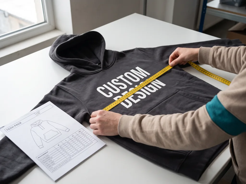 Hands measuring the chest width of a finished CUSTOM DESIGN hoodie against a tech pack during inspection