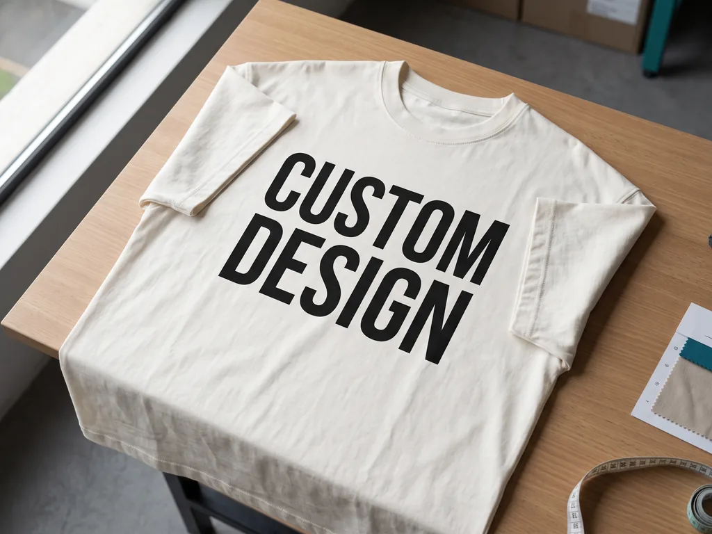 Oversized boxy combed cotton t-shirt with a bold CUSTOM DESIGN chest print folded flat on a cutting table