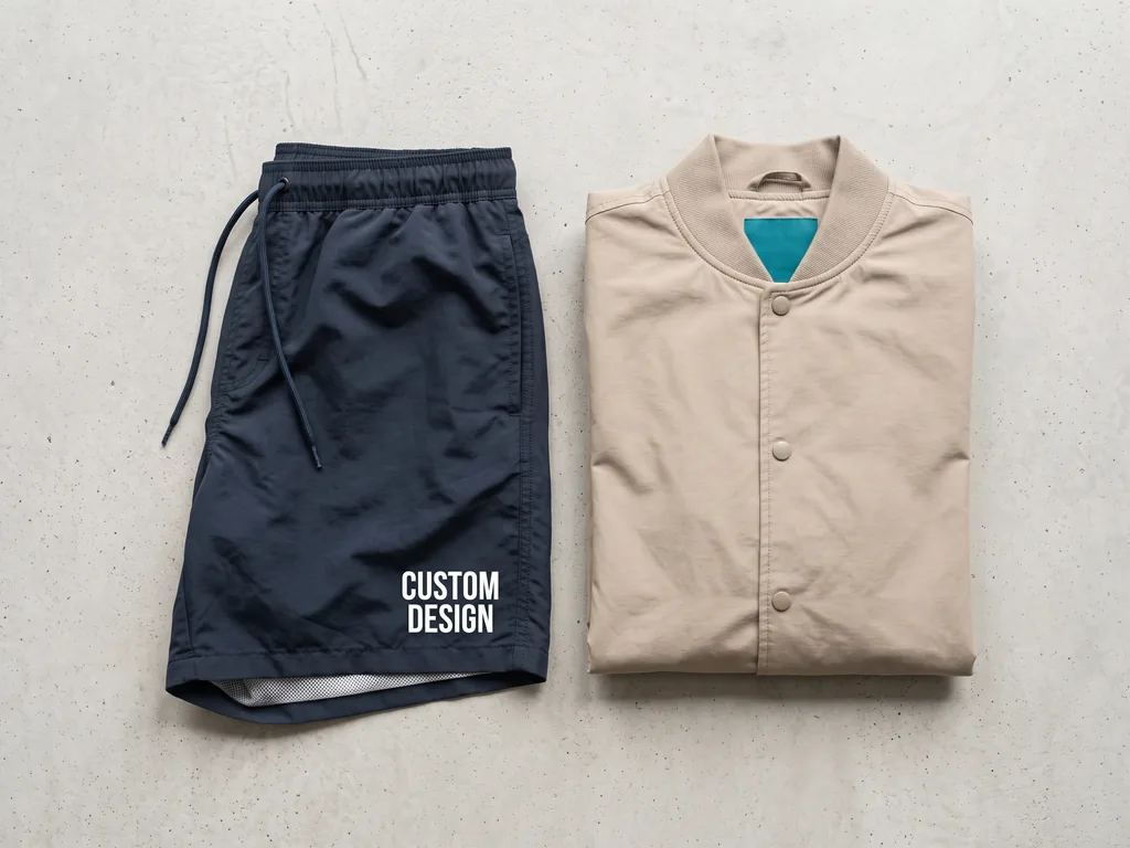 Custom swim shorts and a woven jacket with a CUSTOM DESIGN placement print, folded flat