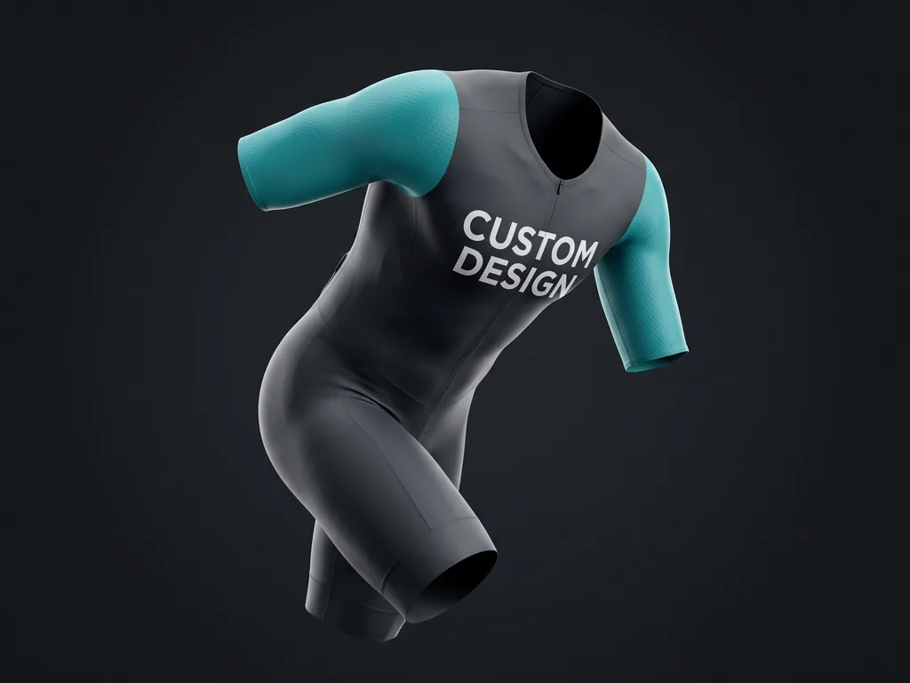 Aerodynamic one piece cycling skinsuit with a CUSTOM DESIGN torso graphic and bonded seams