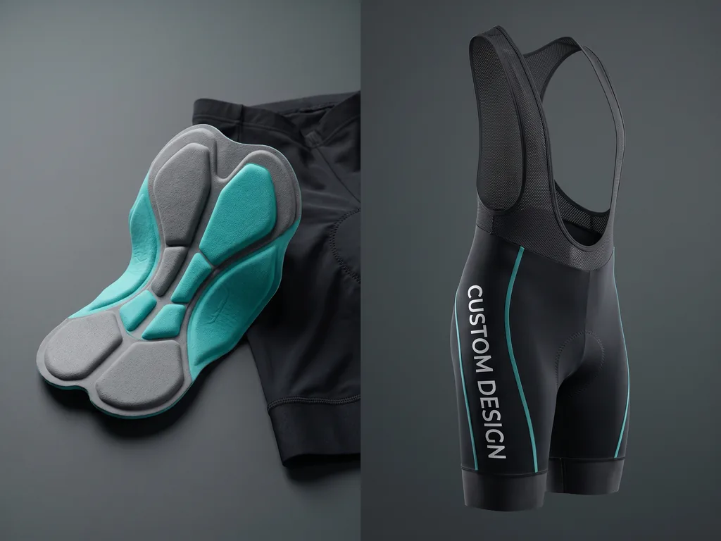 Custom cycling bib shorts with CUSTOM DESIGN leg panel and an Italian style chamois pad