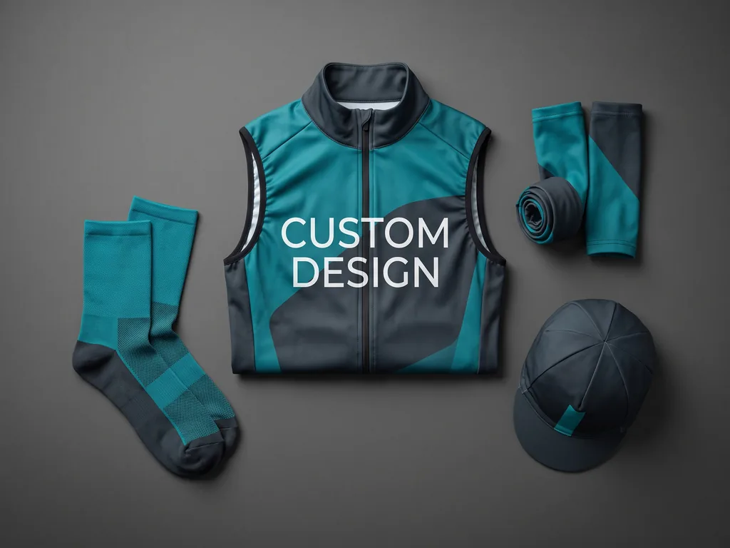 Custom cycling gilet, arm warmers, socks and cap with matching CUSTOM DESIGN artwork laid flat