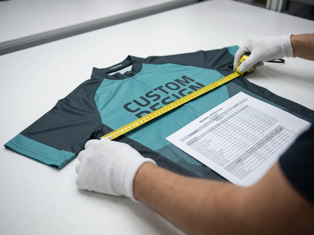 Hands measuring the chest width of a finished custom cycling jersey against a tech pack during inspection