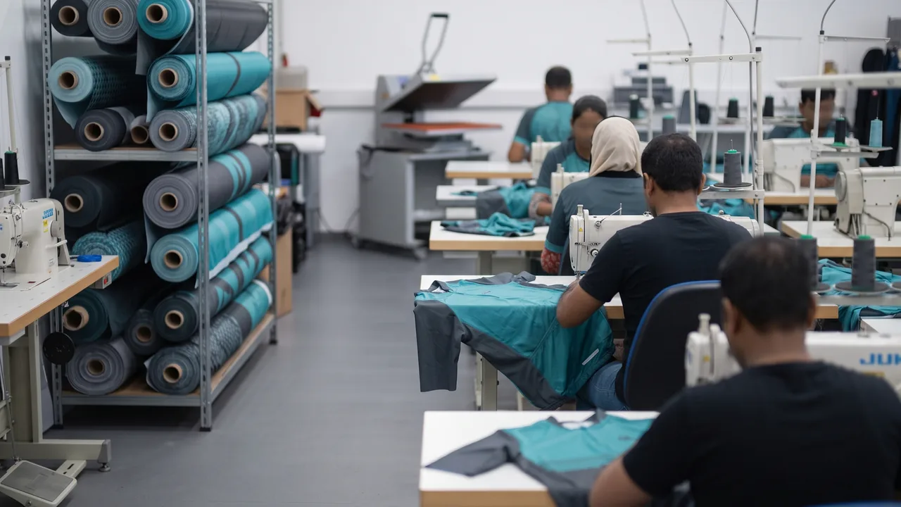 Cycling jersey manufacturer production floor in Sialkot, with sublimated fabric rolls and flatlock sewing lines