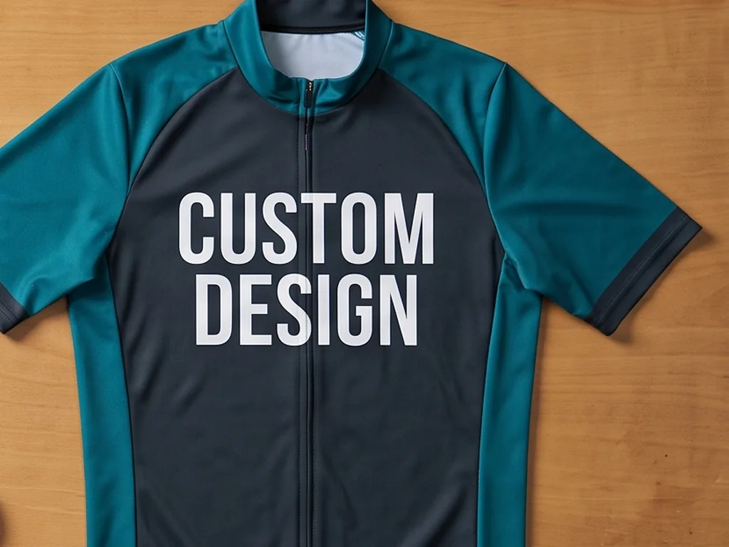 Short sleeve full zip custom cycling jersey with a bold CUSTOM DESIGN chest print made by a cycling jersey manufacturer