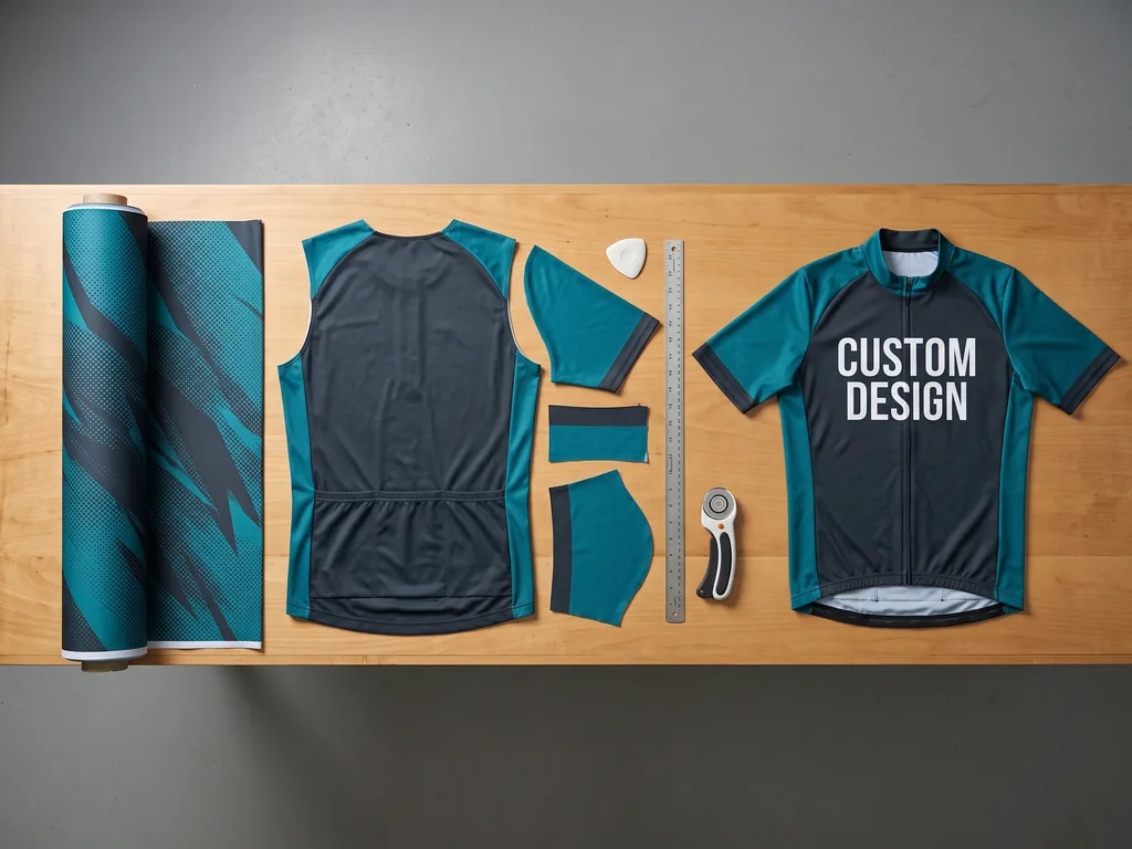 Sublimated fabric panels and the finished custom cycling jersey they become on the cutting table